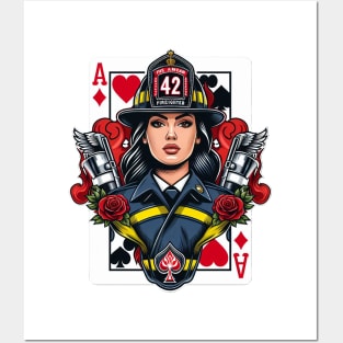 Woman Firefighter Playing Card Ace Of Diamonds Posters and Art